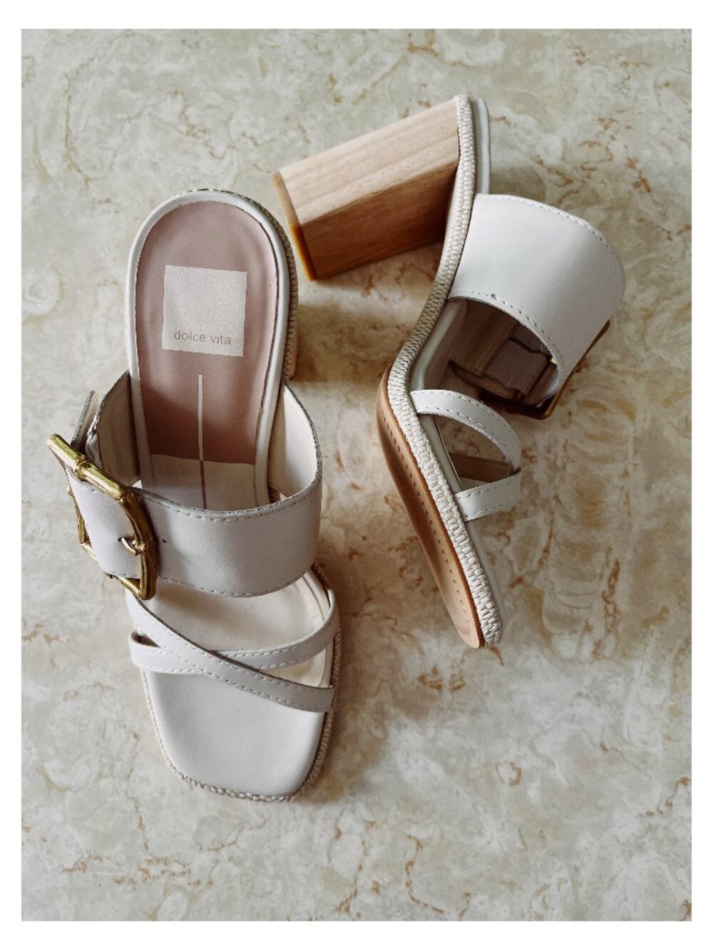 NWOB Dolce Vita Sz 8 Onnie Bamboo Buckle Strappy Block Heel Sandal Bone Leather